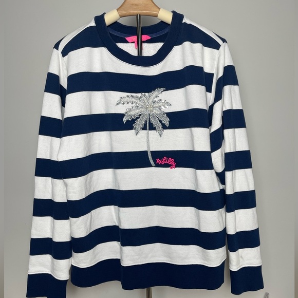 Lilly Pulitzer | Navy White Stripe Ballad Sweatshirt Sequined Palm Tree Beachy - Picture 2 of 7